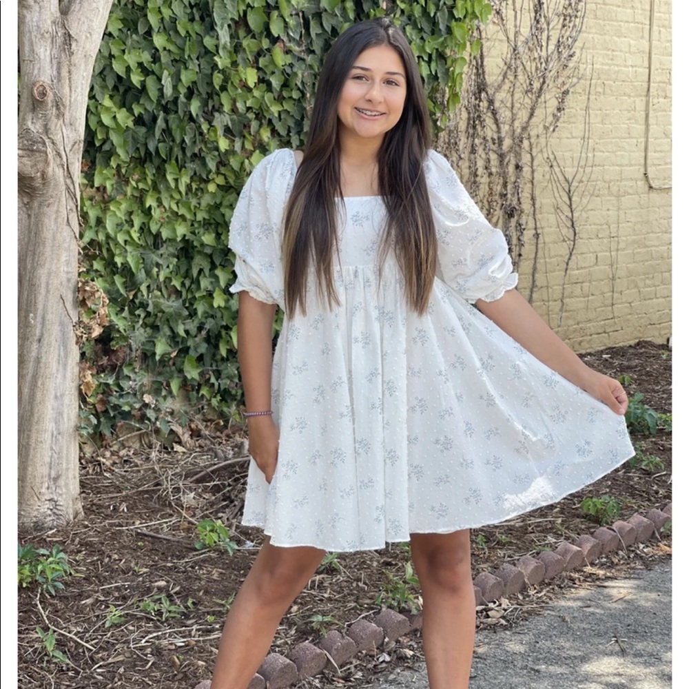 Storia White Babydoll dress with blue flowers